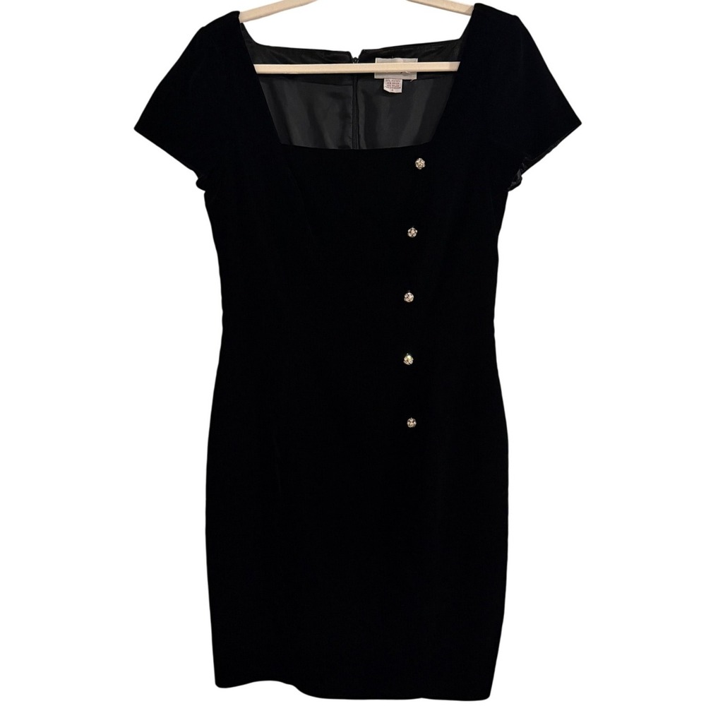 PAPELL BOUTIQUE Black Velvet Square Neck Button Detail Short Sleeve Dress Size 6